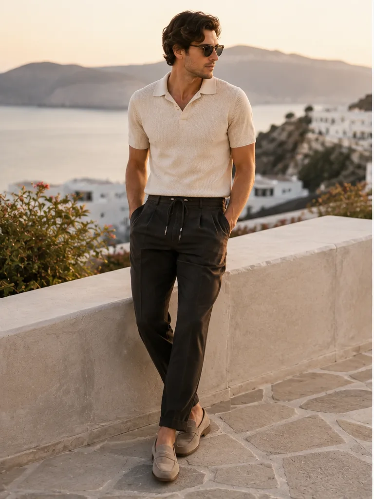 knit polo with drawstring trousers and suede loafers for evening dinner summer outfit