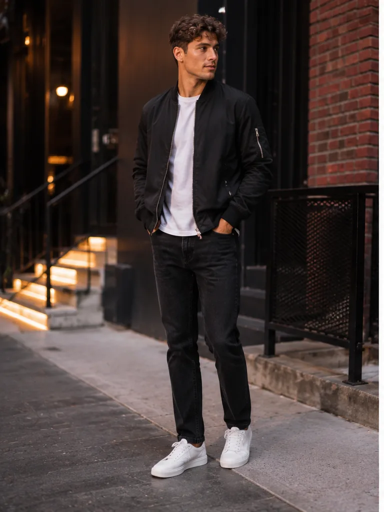 bomber jacket with t-shirt dark jeans and sneakers for concert party outfit