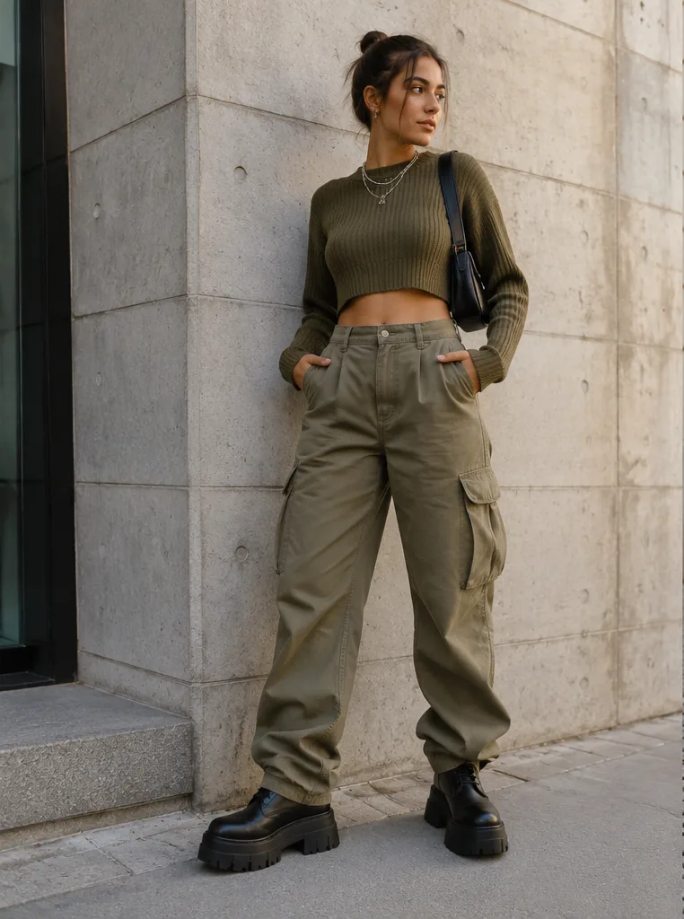 cargo pants and cropped knit and platform boots for streetwear-looks outfit