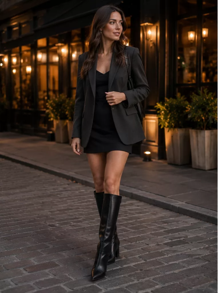 Blazer + Mini Dress + Knee-High Boots