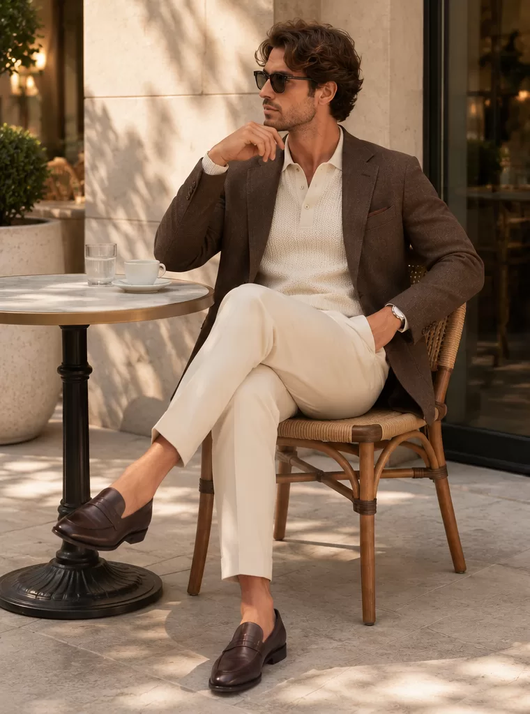 Brown Blazer + Knit Polo + Cream Trousers + Loafers