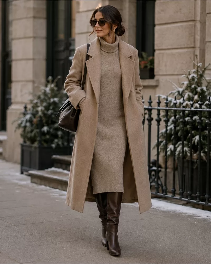 Turtleneck sweater dress with tall boots and long coat for winter workday outfit