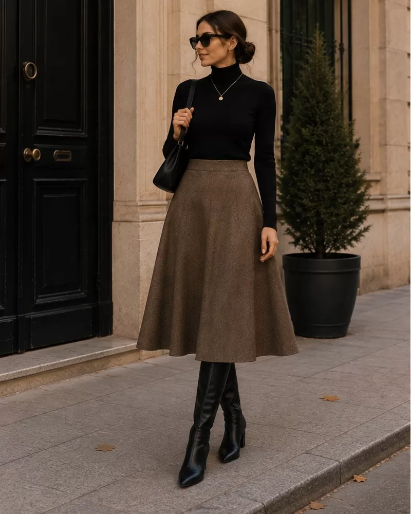 A-line midi skirt with turtleneck and knee-high boots for winter city outing outfit
