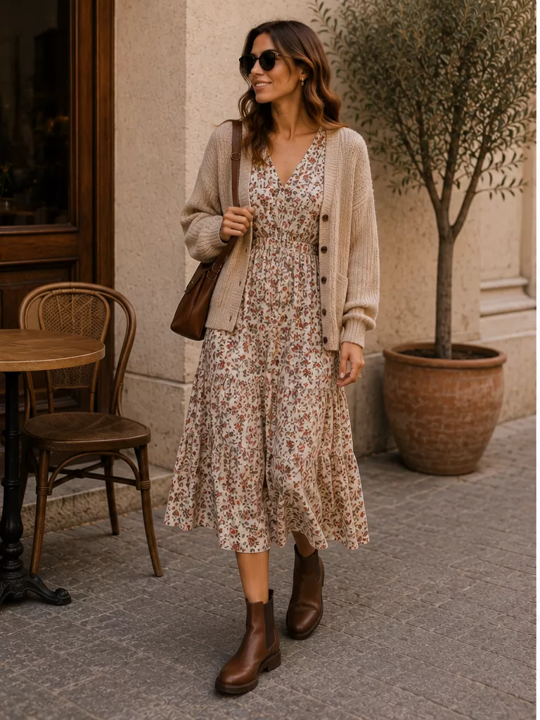 Floral Midi Dress With Brown Chelsea Boots for daytime event outfit