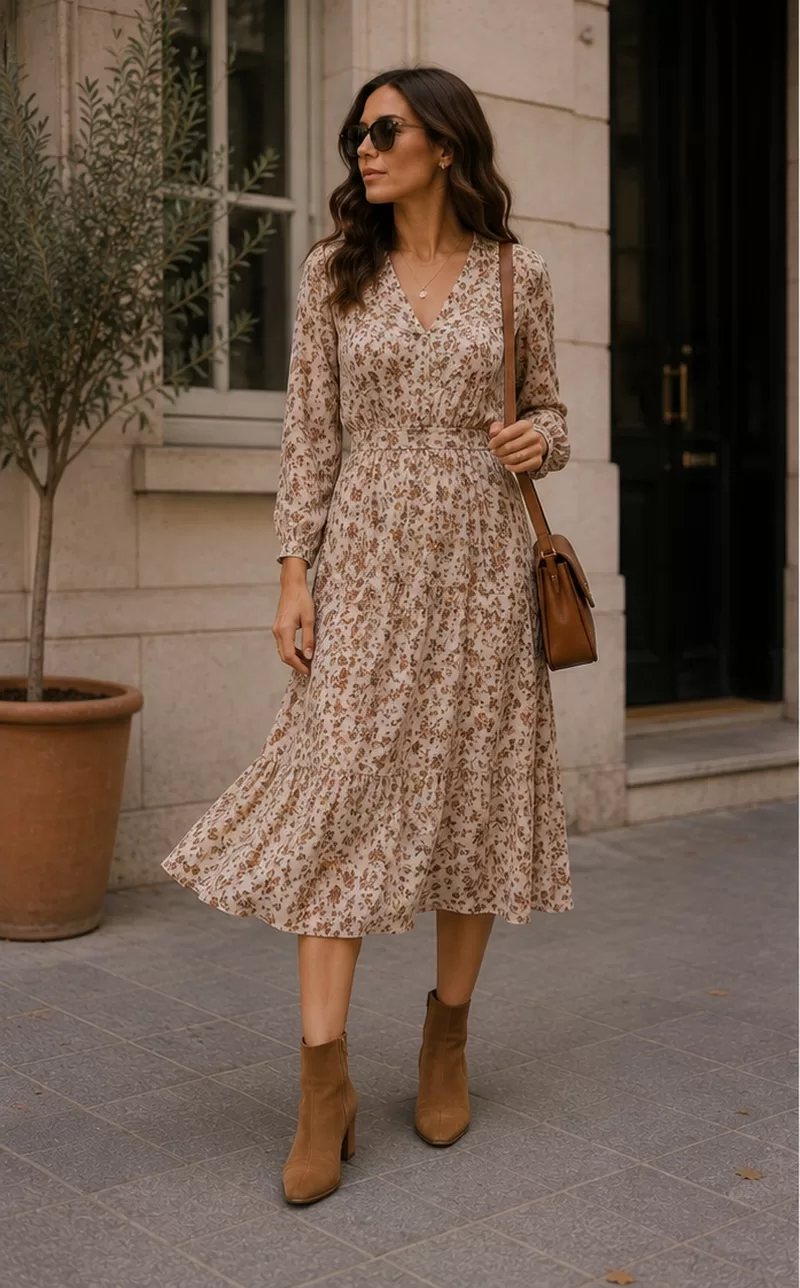 Floral Midi Dress With Brown Ankle Boots for daytime event outfit