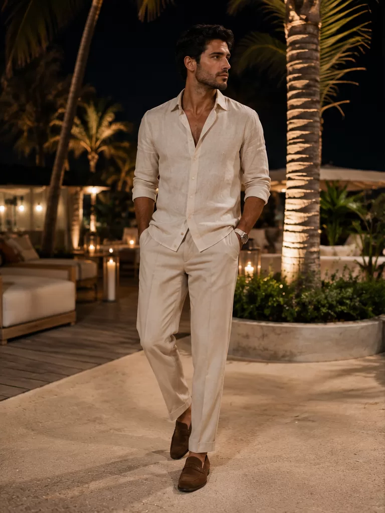 Linen Shirt With Tailored Trousers With Loafers for evening event outfit