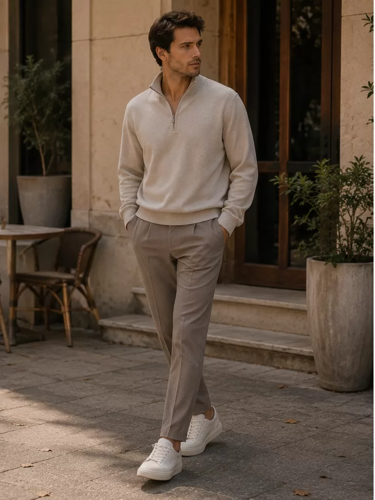 Quarter-Zip Sweater With Trousers With Leather Sneakers for daytime event outfit