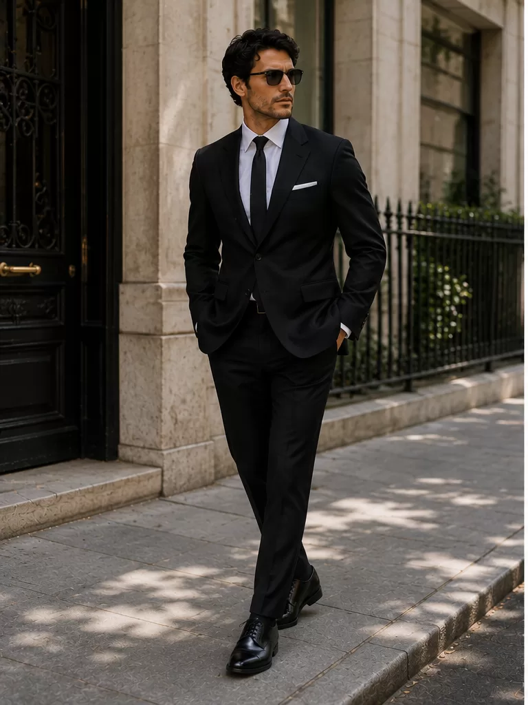 Black Suit With White Shirt With Black Tie With Black Oxfords for evening event outfit