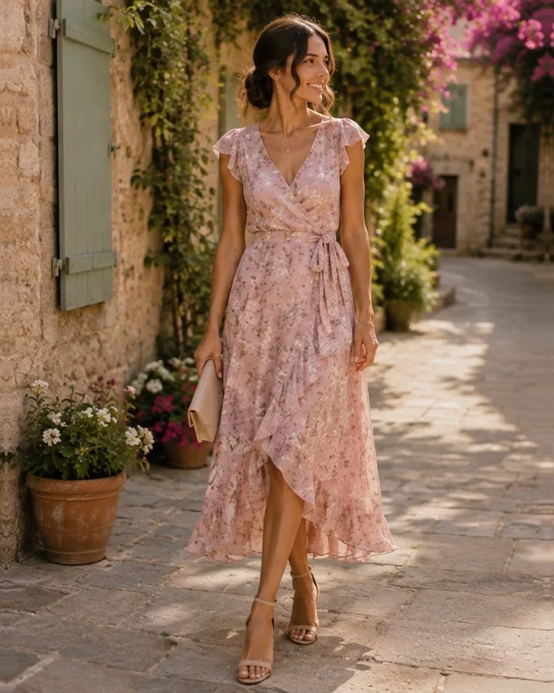Blush floral wrap midi dress with nude sandals for destination garden wedding