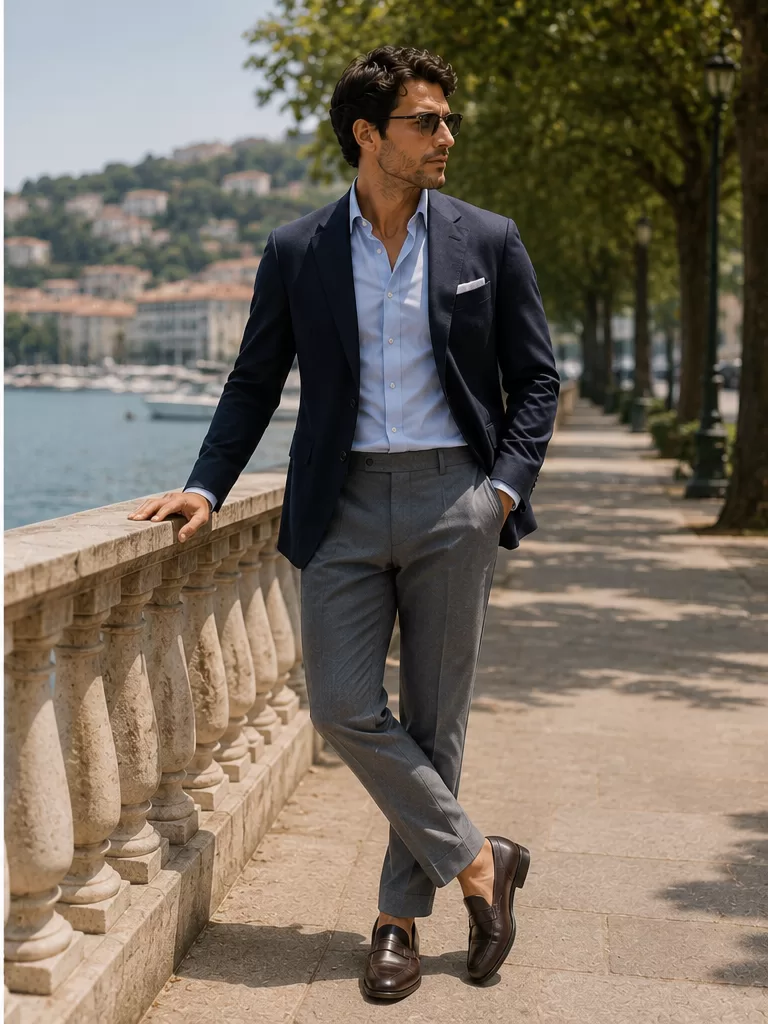 Navy Blazer With Gray Trousers With Dress Shirt With Loafers for business dinner outfit