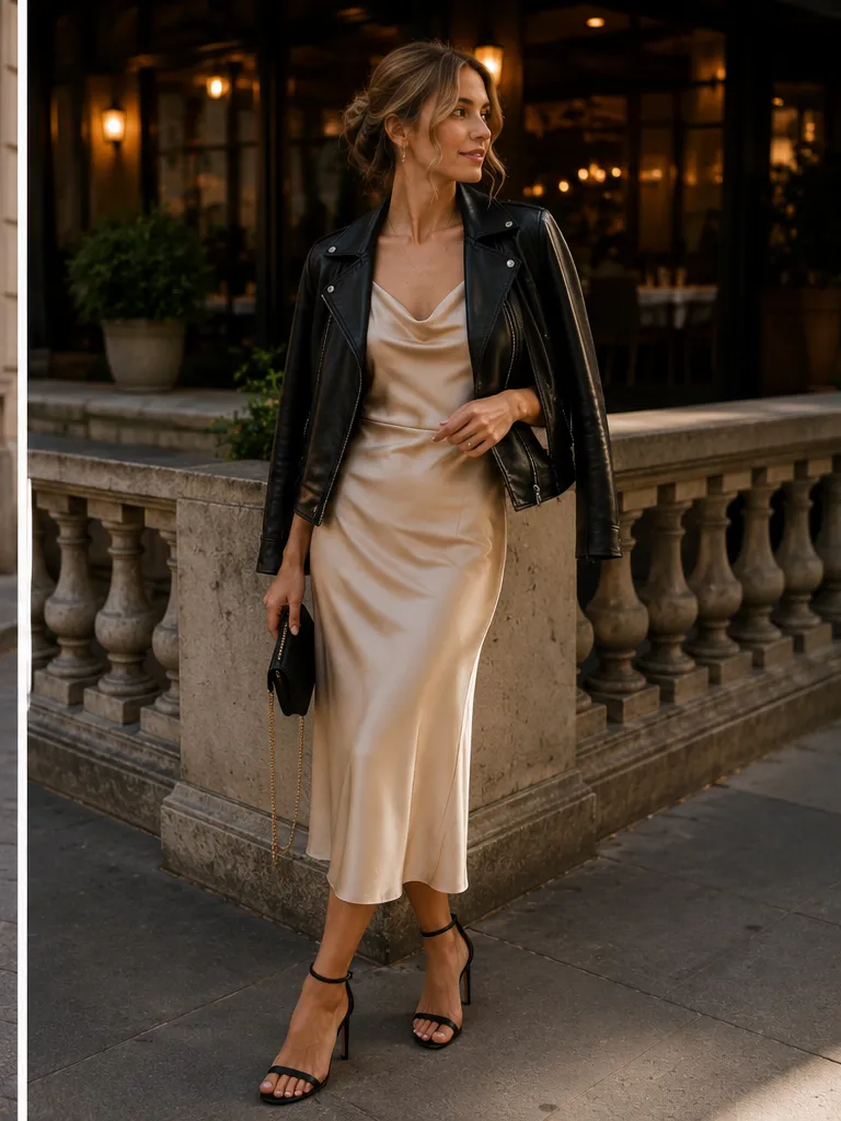Slip dress with leather jacket and heeled sandals for evening out outfit
