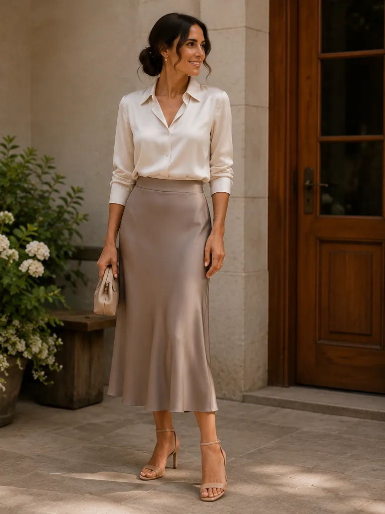 Silk shirt with midi skirt and ankle-strap heels for dinner date outfit