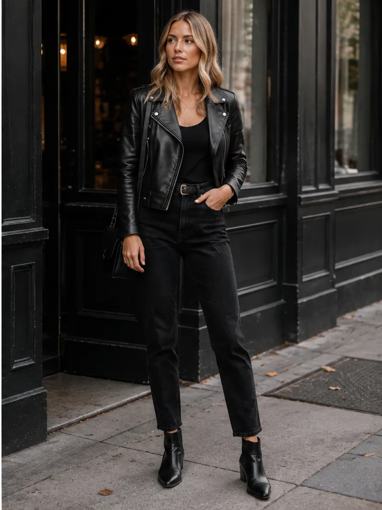 Leather jacket with black jeans and Chelsea boots for night out outfit