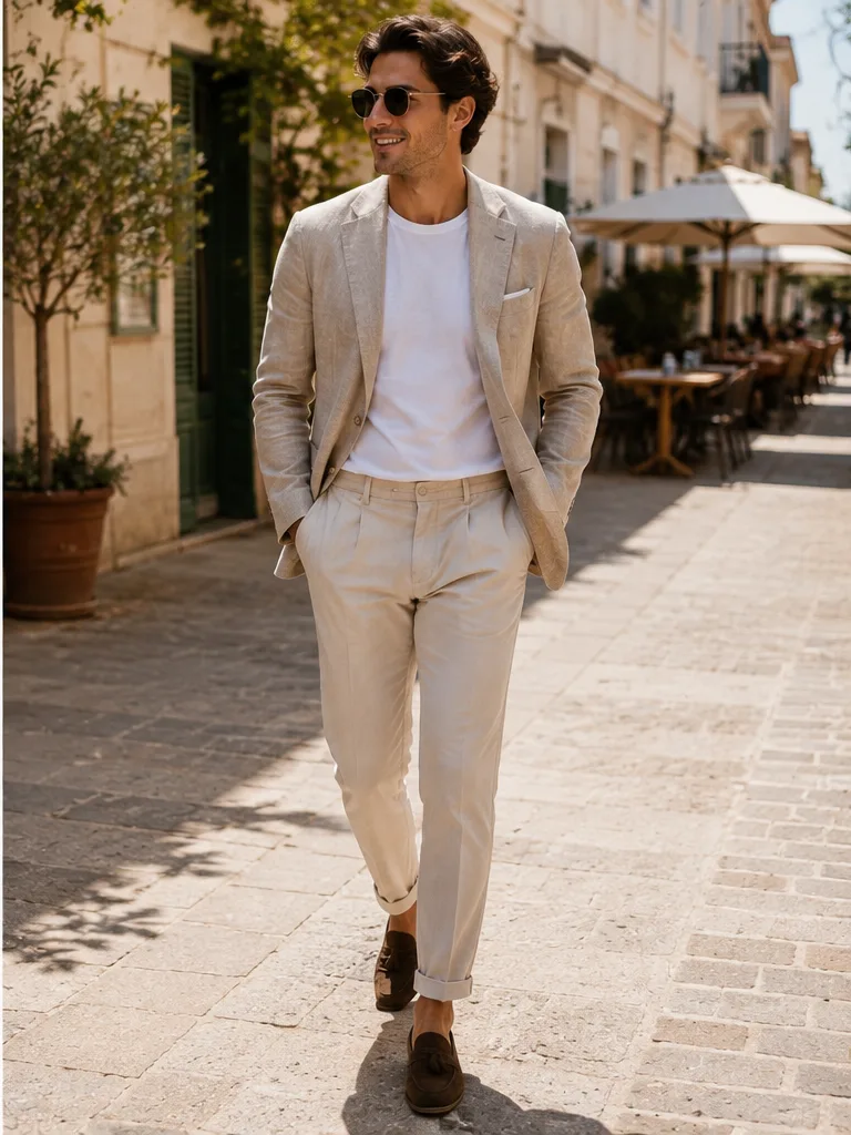 linen blazer with t-shirt chinos and loafers for summer wedding outfit
