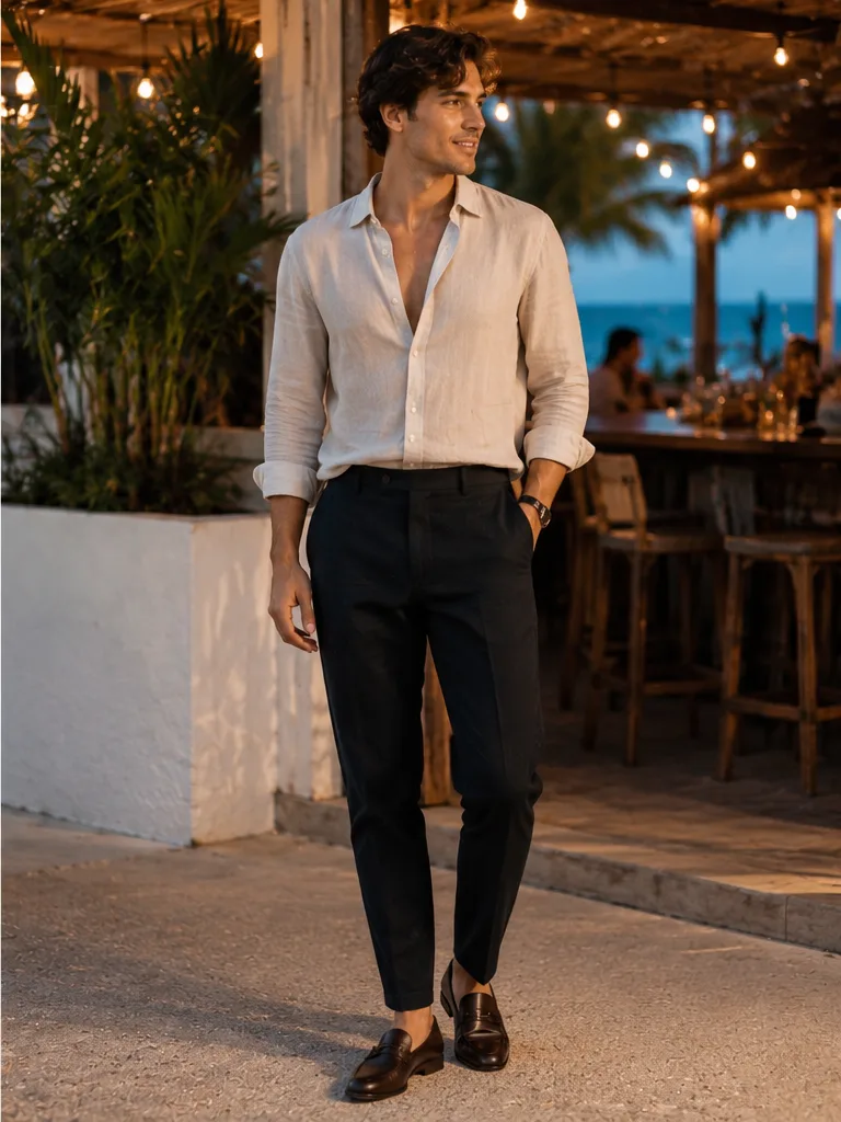 linen shirt with tailored trousers and loafers for summer party outfit