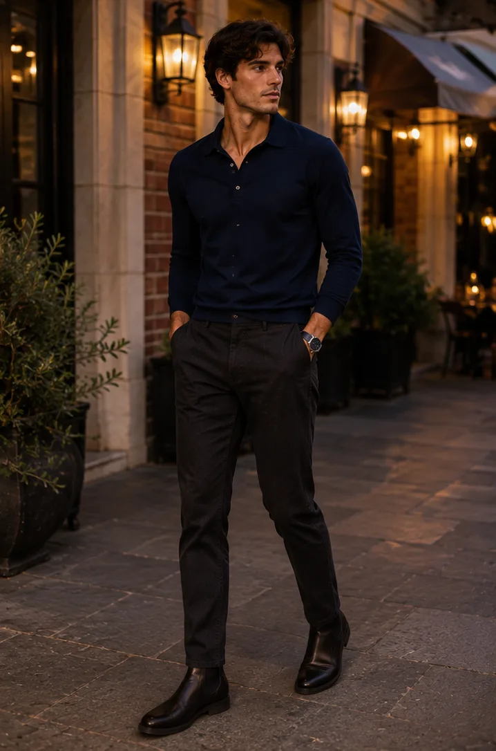 long-sleeve polo and dark trousers and chelsea boots for fall-evening outfit