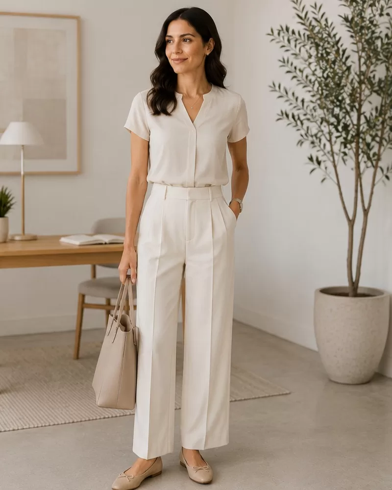 Short-sleeve blouse with light trousers and flats for summer interview