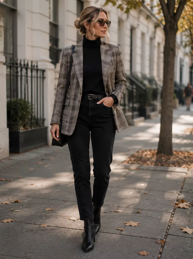 Plaid Blazer + Turtleneck + Black Jeans + Ankle Boots
