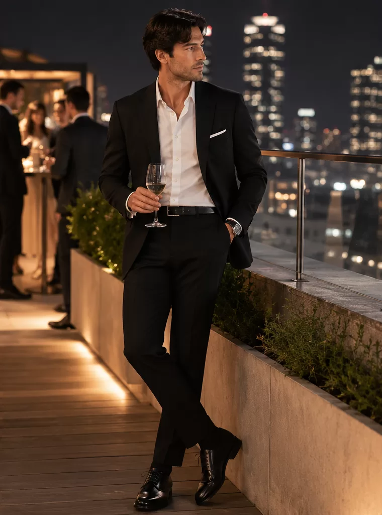 Black Blazer + White Shirt + Black Trousers + Leather Shoes
