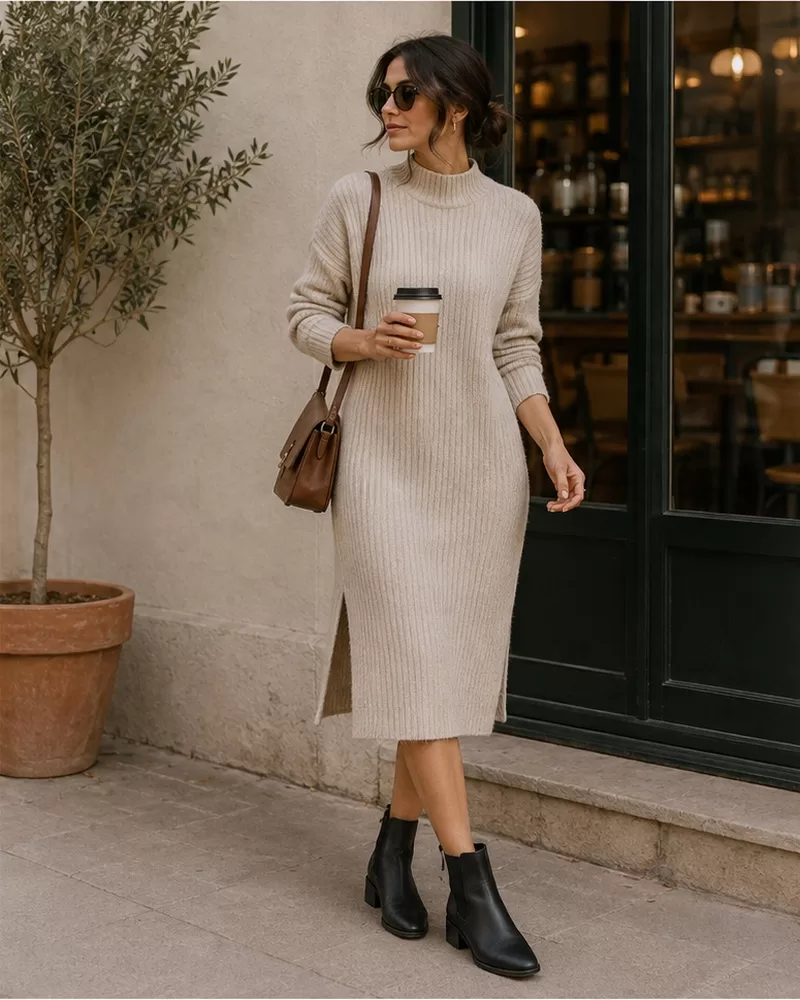 Ribbed sweater dress with chelsea boots for everyday casual outfit