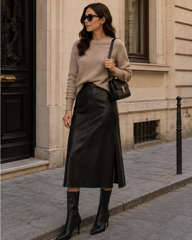 Leather midi skirt with fine-knit sweater and heeled boots for date night outfit