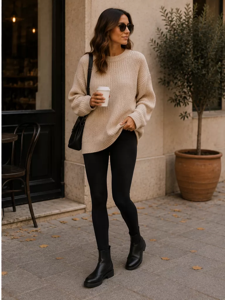 Leggings With Oversized Knit With Flat Chelsea Boots for relaxed weekend outfit