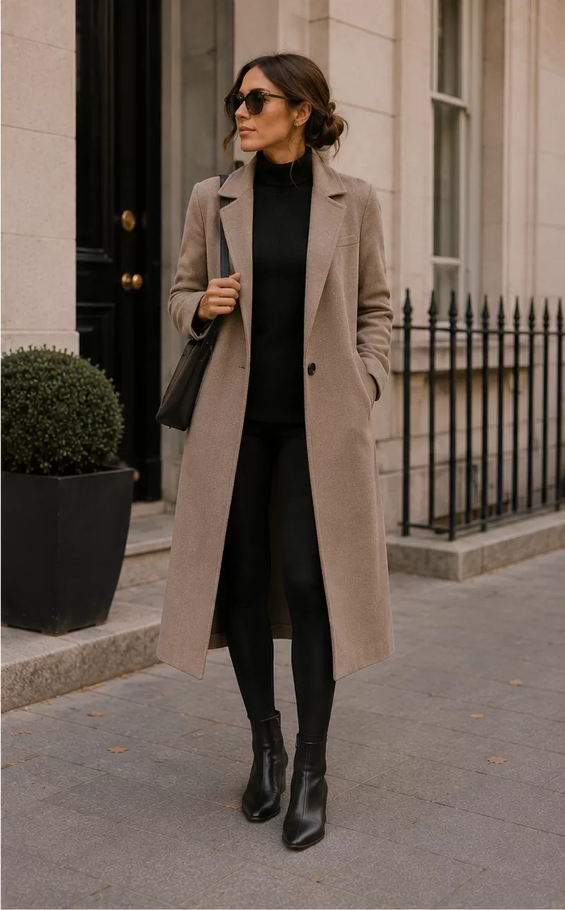 Leggings With Long Coat With Flat Ankle Boots for relaxed weekend outfit