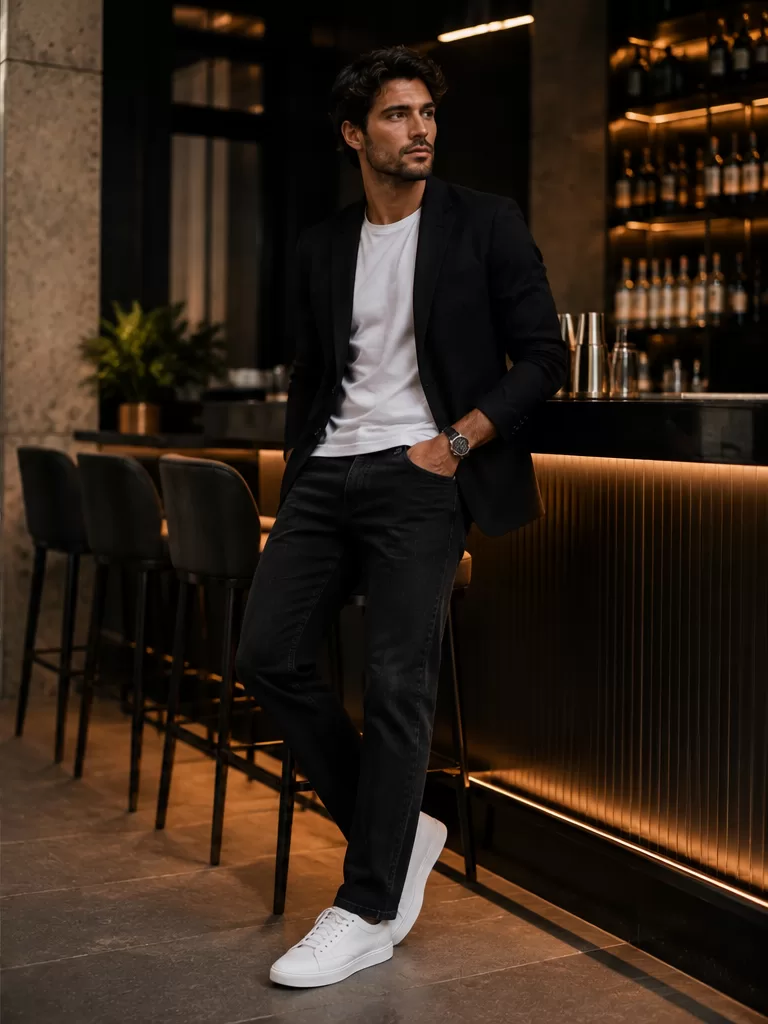 Blazer With T-Shirt With Dark Jeans With Minimal Sneakers for lounge bar outfit