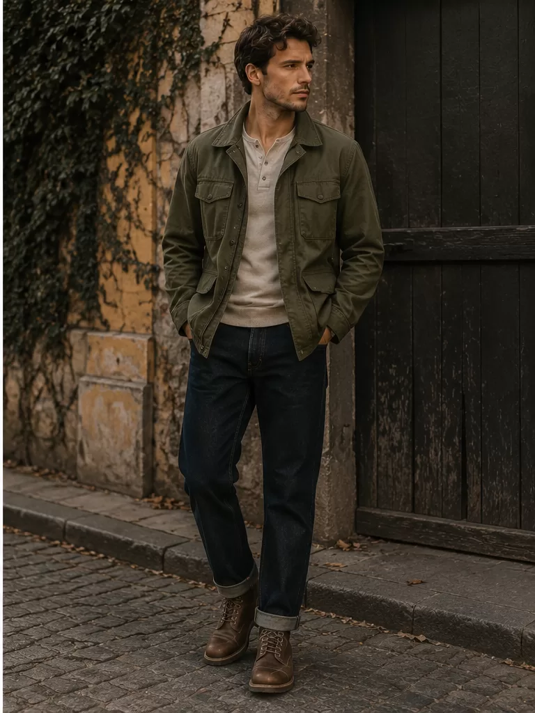 Field Jacket With Henley With Dark Denim With Work Boots for office smart outfit