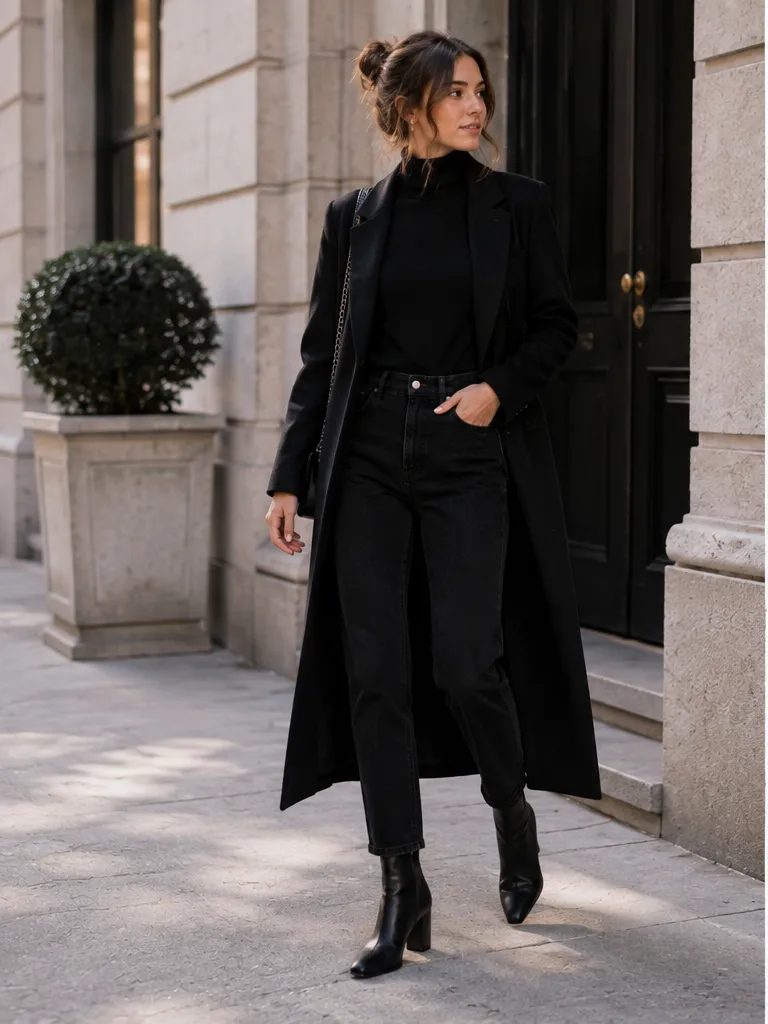 Turtleneck with black jeans and long coat with ankle boots for winter workday outfit