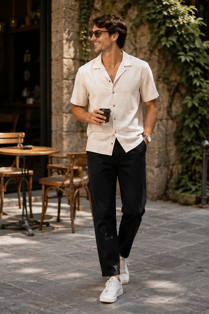 camp-collar shirt with straight-leg trousers and sneakers for weekend lunch outfit