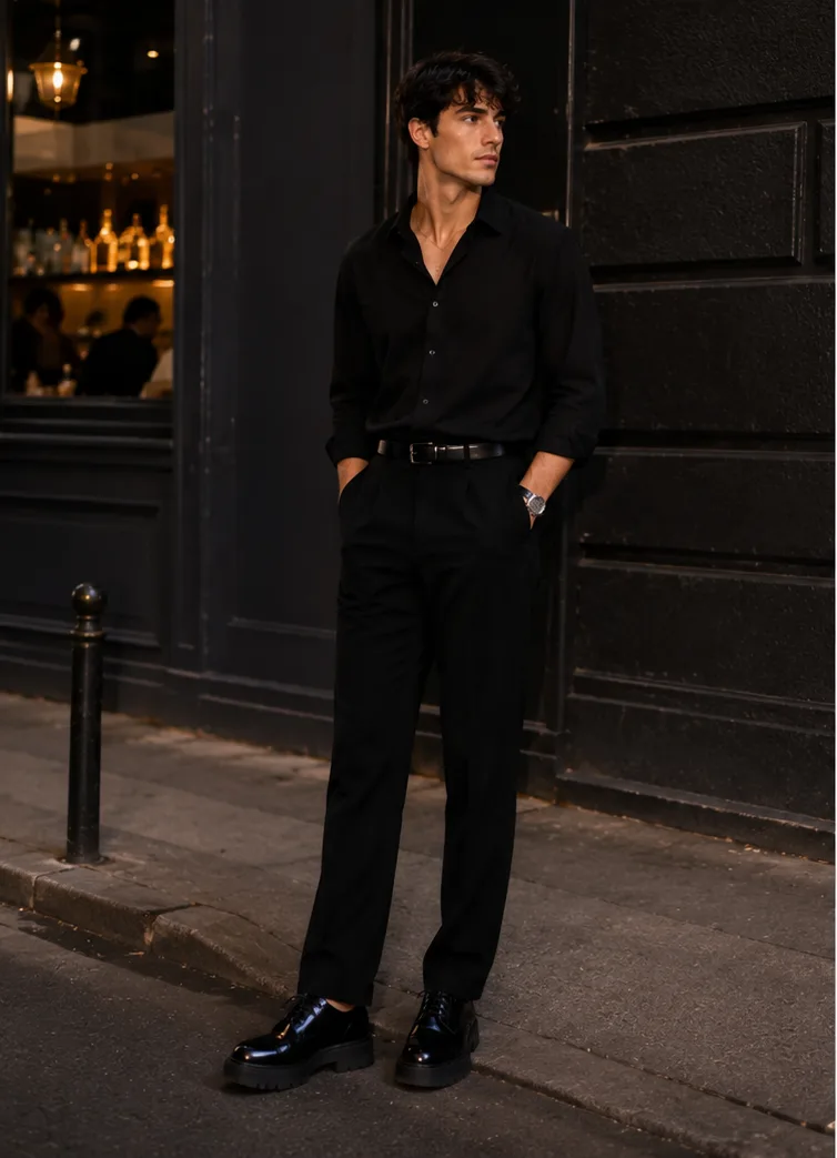monochrome black outfit with statement shoes for night out party outfit