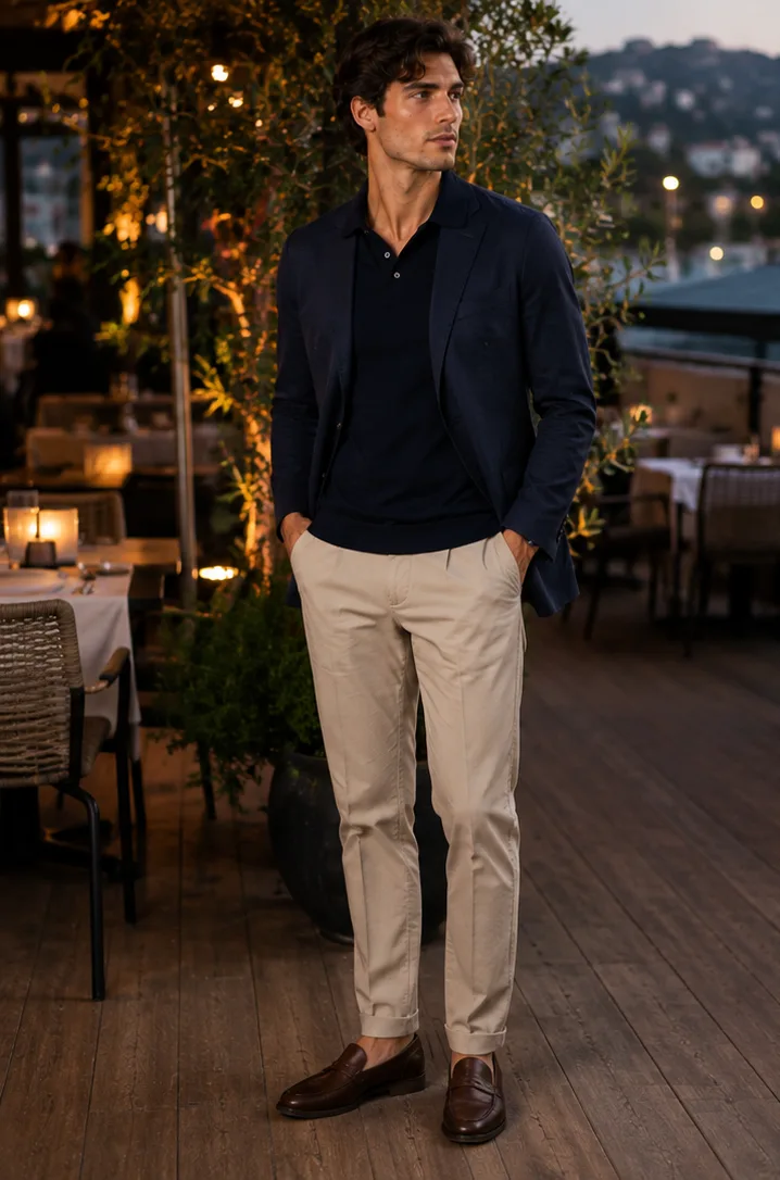 polo shirt and lightweight blazer and chinos and loafers for business-casual outfit