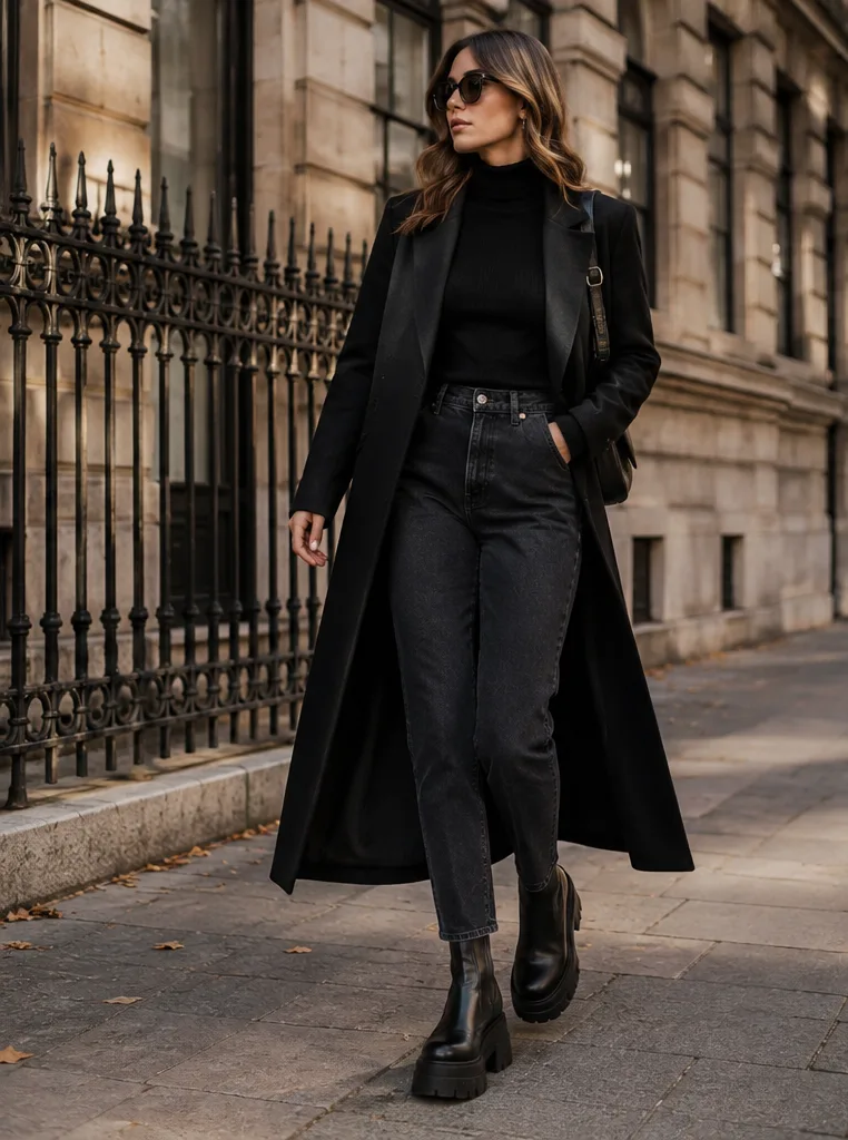 long coat and turtleneck and black jeans and platform boots for winter-workdays outfit