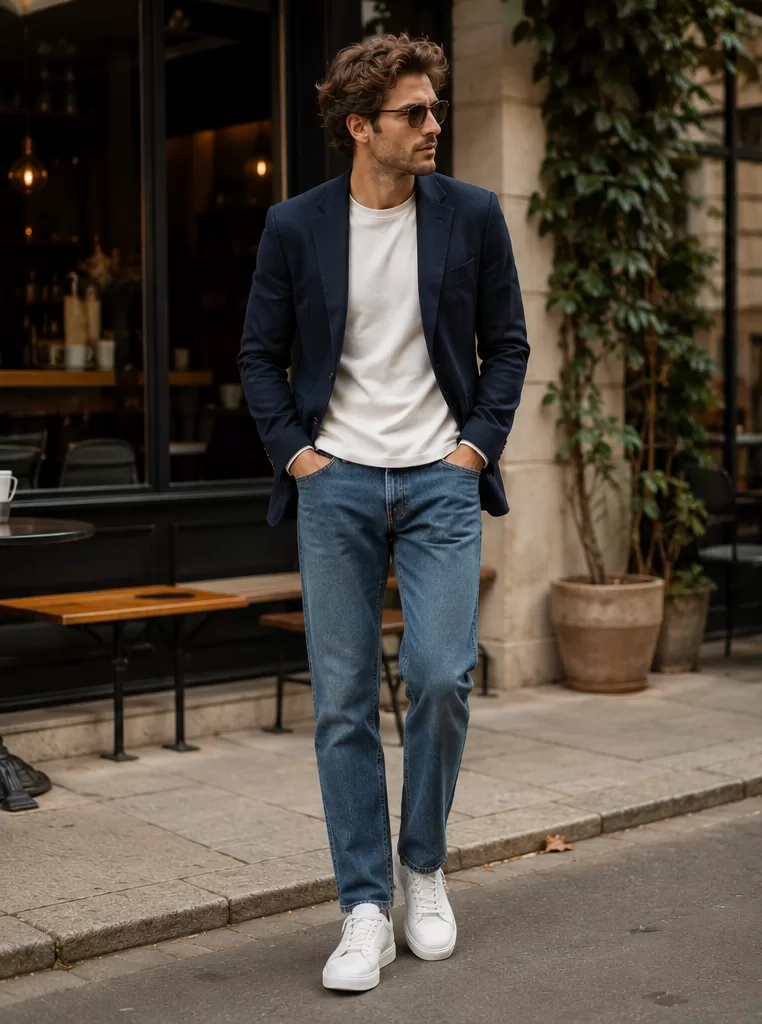 Unstructured Blazer + Crewneck T-Shirt + Straight-Leg Jeans + Sneakers