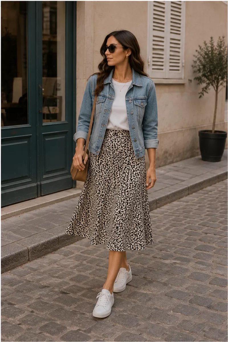Printed midi skirt with denim jacket and sneakers for spring weekend travel outfit