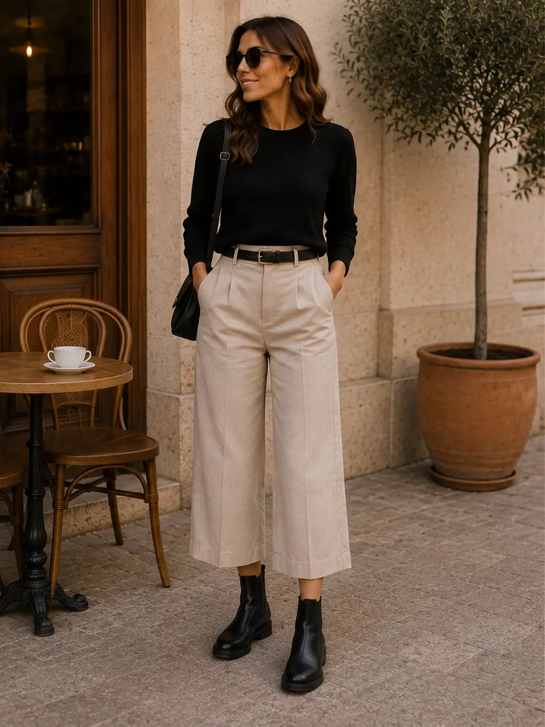 Cropped Wide-Leg Pants With Slim Chelsea Boots for office smart outfit