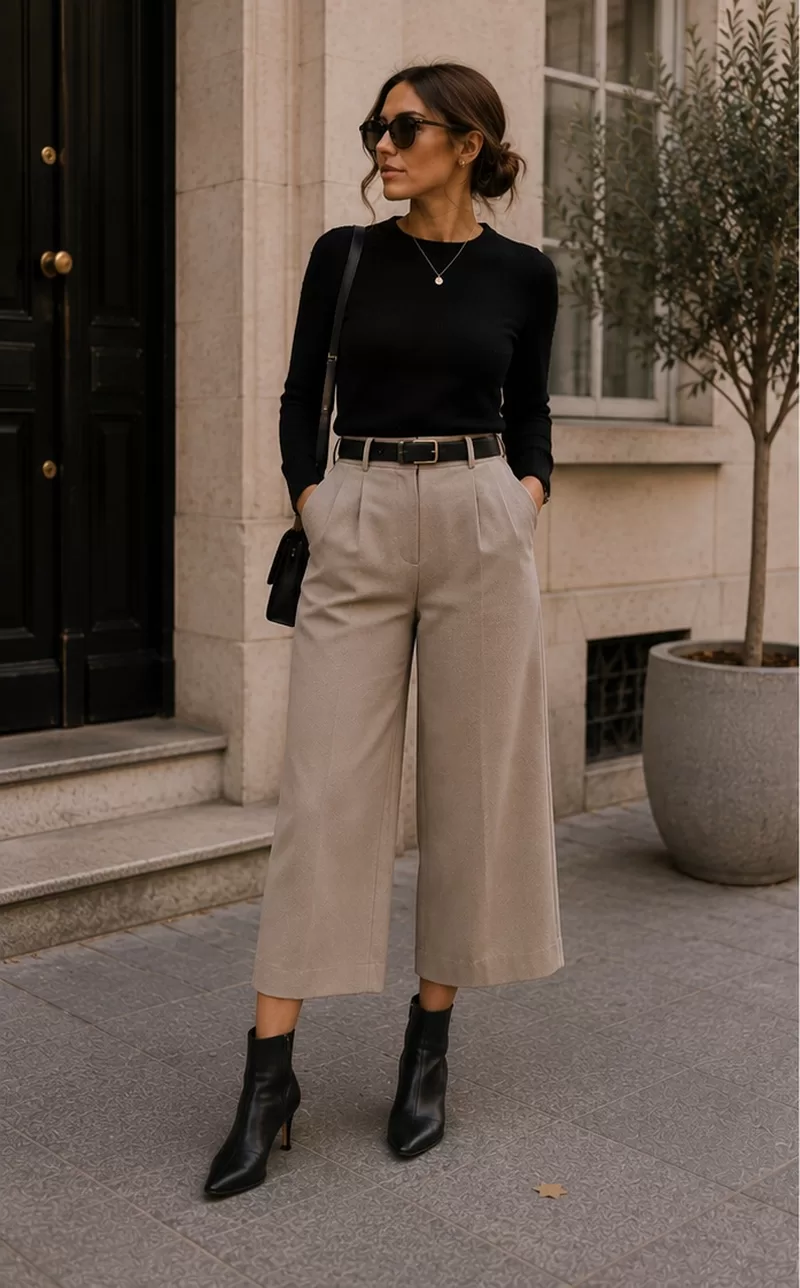 Wide-Leg Cropped Pants With Slim Ankle Boots for office smart outfit
