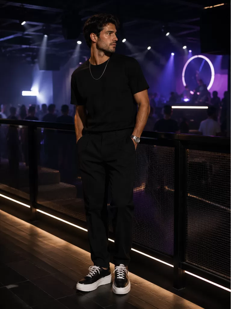 Monochrome Black Outfit With Statement Sneakers for cocktail night outfit