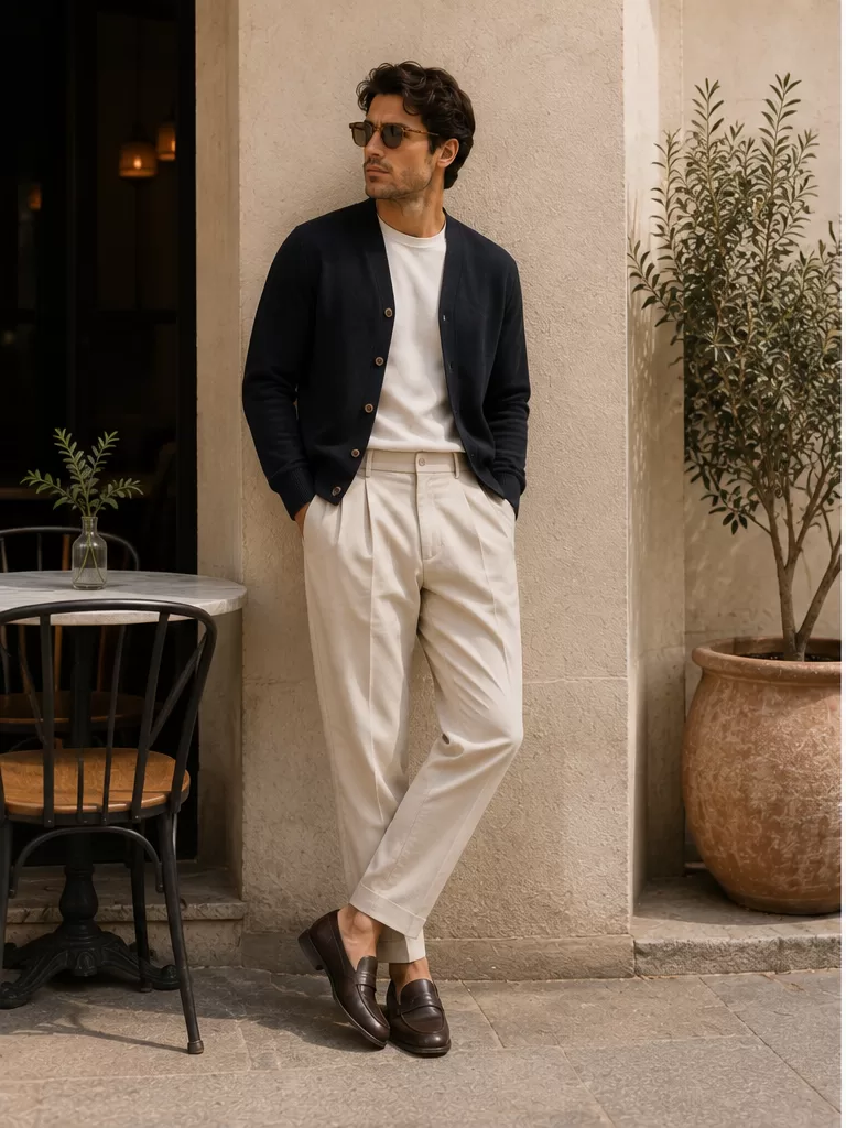 Cardigan With T-Shirt With Pleated Trousers With Loafers for travel day outfit