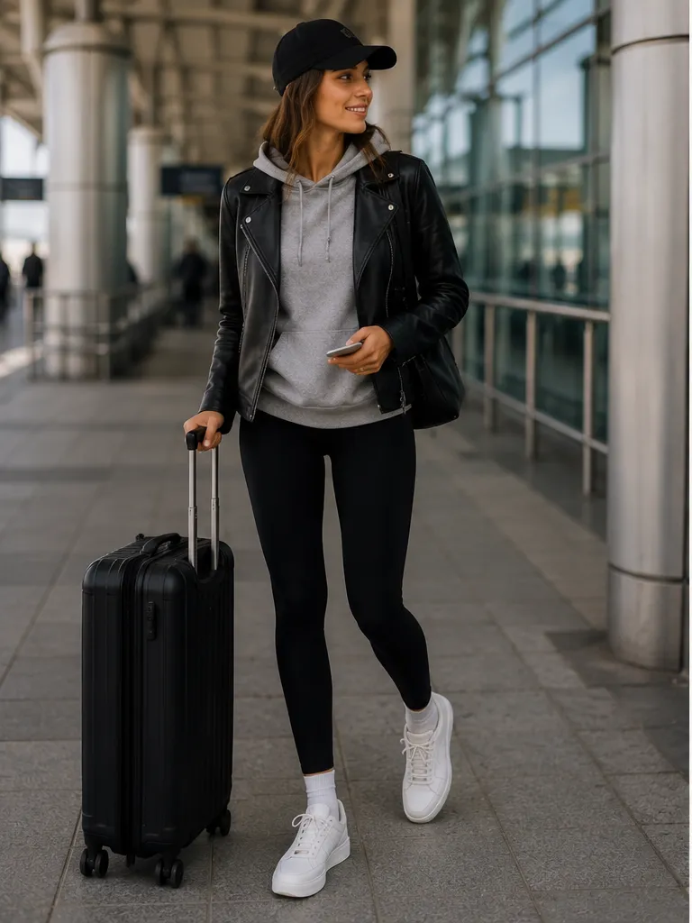 Hoodie with leggings and leather jacket with sneakers for travel day outfit