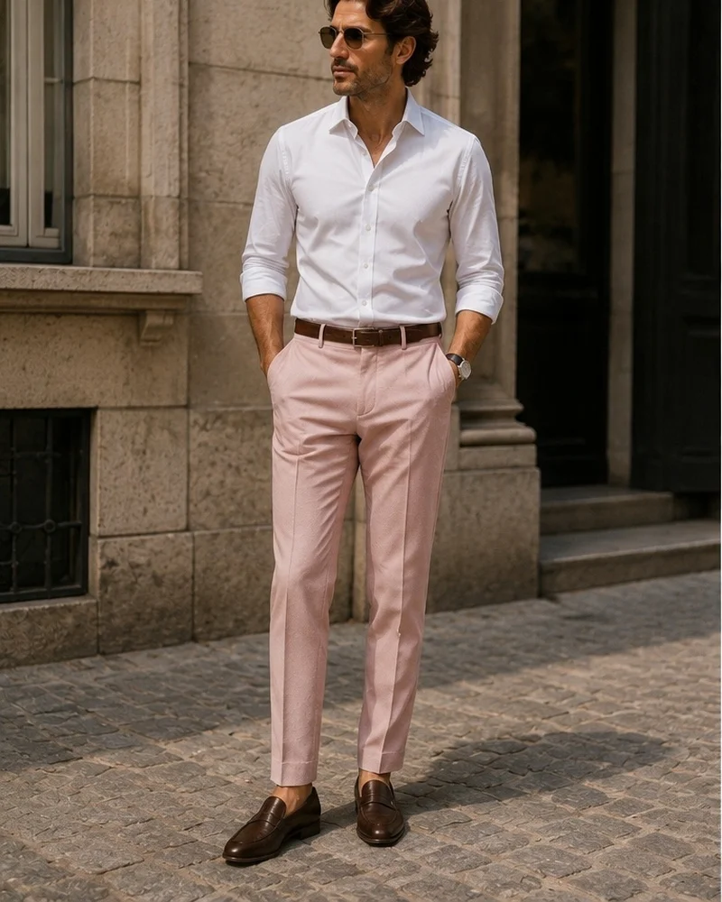 White Button-Down Shirt + Pink Trousers + Brown Loafers