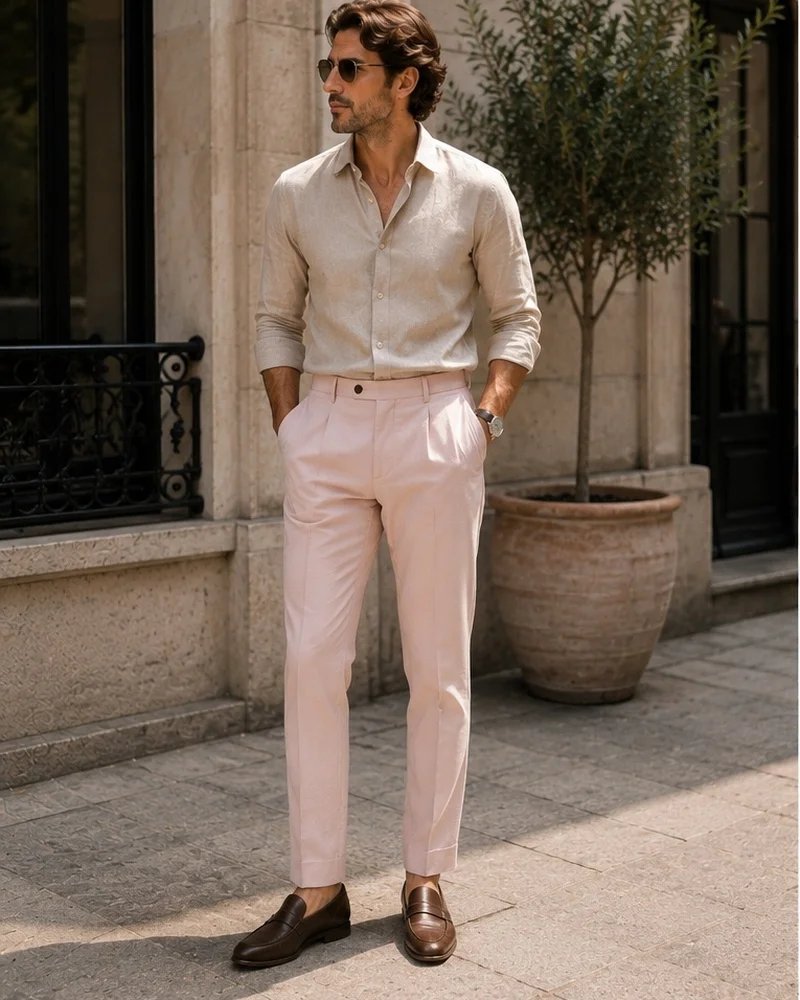 Beige Linen Shirt + Blush Pink Trousers + Brown Loafers