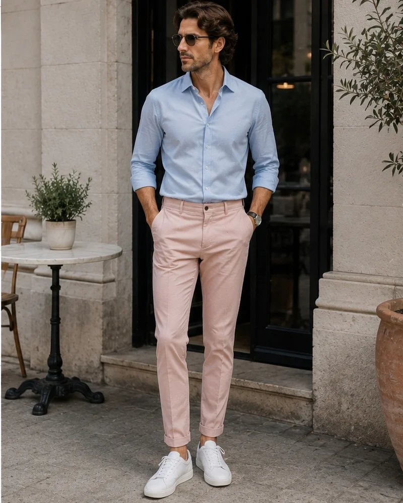 Light Blue Shirt + Dusty Pink Chinos + White Sneakers