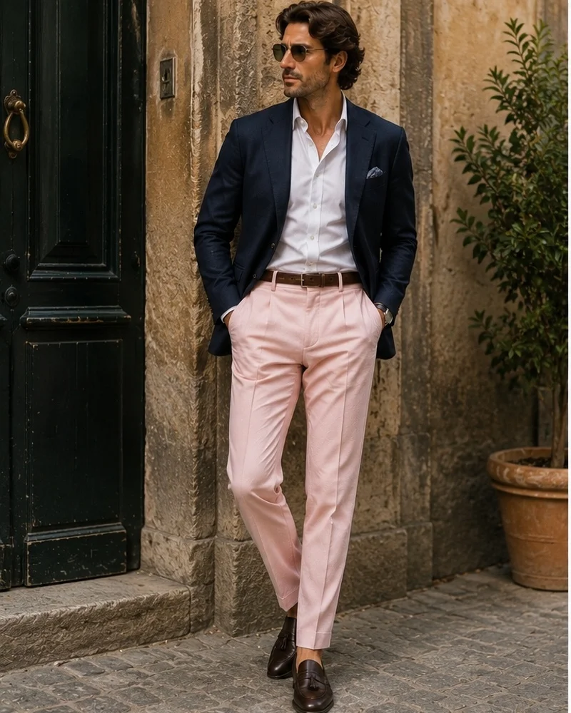 Navy Blazer + White Shirt + Blush Pink Trousers + Brown Loafers