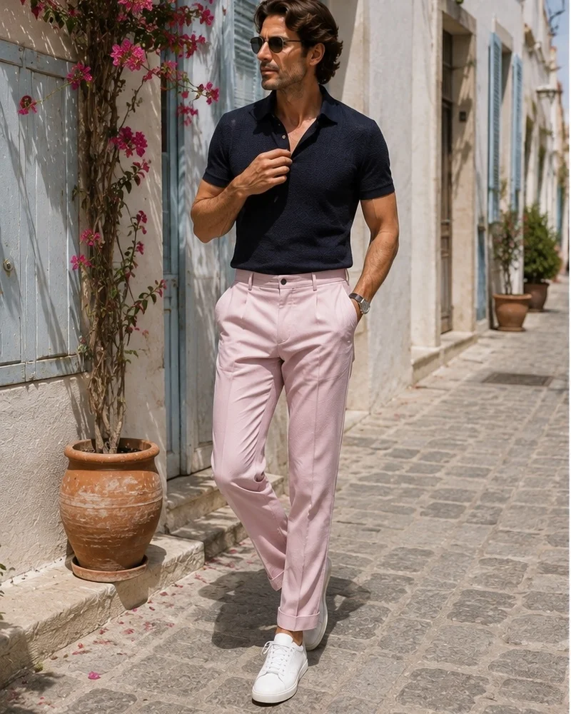 Navy Knit Polo + Pastel Pink Trousers + White Sneakers