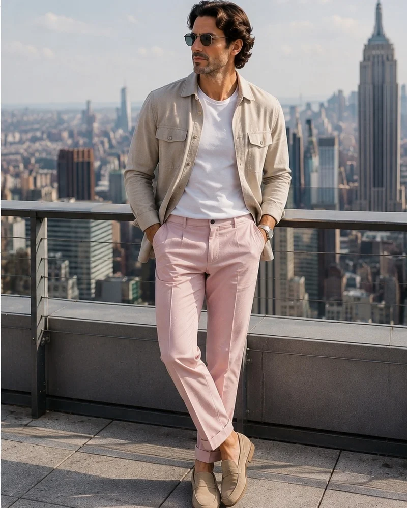 Cream Overshirt + White T-Shirt + Pink Trousers + Suede Loafers
