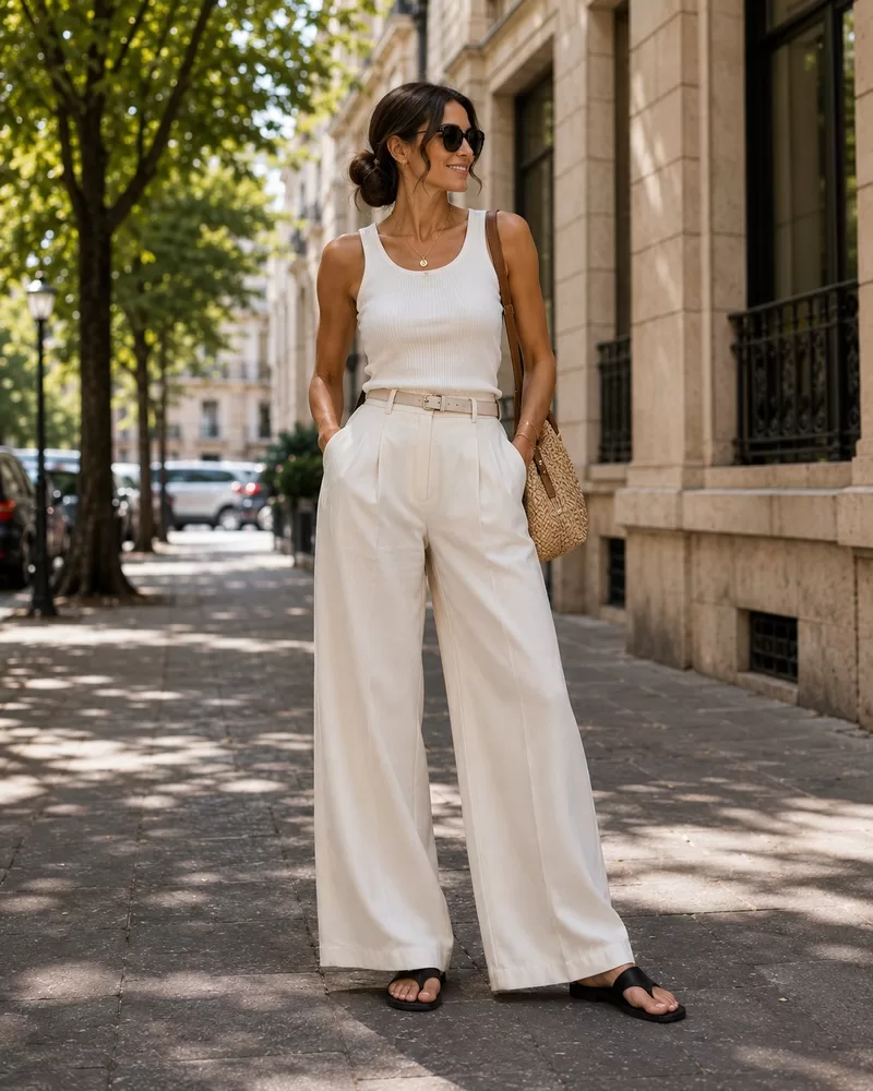 White Tank Top + Ivory Wide Leg Pants + Black Flat Sandals