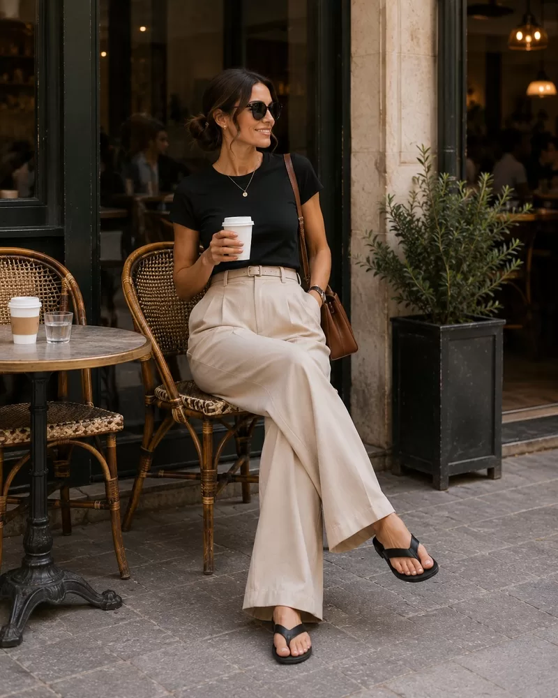 Black Fitted T-Shirt + Beige Wide Leg Pants + Black Flat Sandals