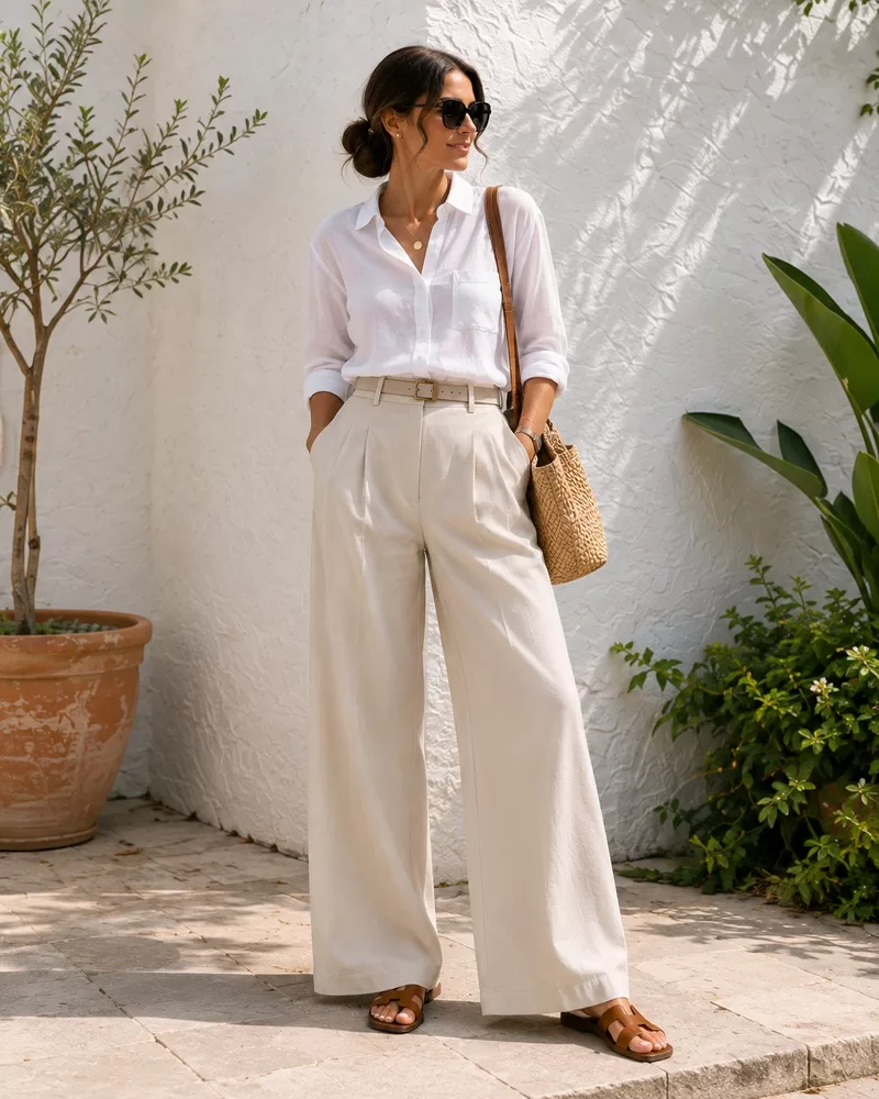 White Linen Shirt + Ivory Wide Leg Pants + Brown Sandals
